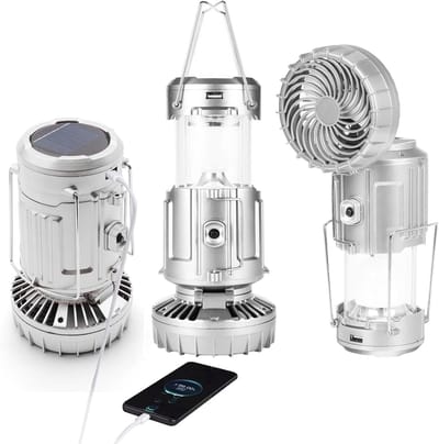 Campinglantaarn met ventilator, opvouwbare zaklamp/lantaarn - USB-oplaadbaar, werkt op zonne-energie en batterijen - campinglamp voor picknick, barbecue, vissen, reizen - oplaadbare noodverlichting (zilver)