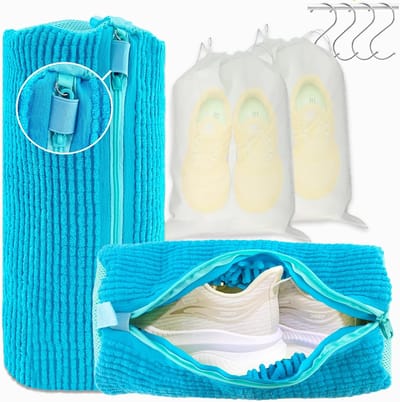 Famanu – XXL schoenwaszak - waszak - 2 stuks - herbruikbare waszakken - schoenen - 360° rondom reiniging - voor sneakers - gymschoenen - kinderschoenen - bevat 2 stofdicht - 4 S-haken (blauw)