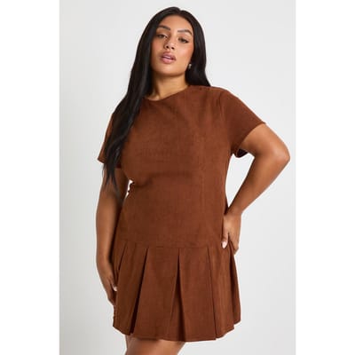 boohoo Dames Plus Cord geplooide zoom shiftjurk | Tan | Maat: 44