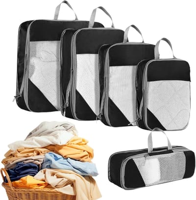Reisopbergzakken - Inpak Organizers - Efficiënt Inpakken - Vochtwerende Binnenlaag - 34 x 24 x 3 cm - Zwart