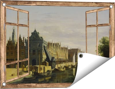 Gards Tuinposter Doorkijk De Waag en de Kraan aan het Spaarne te Haarlem - Gerrit Adriaensz Berckheyde - 60x40 cm - Tuindoek - Tuindecoratie - Wanddecoratie buiten - Tuinschilderij