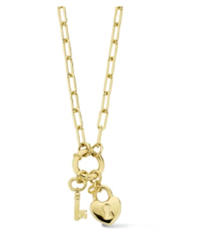 Geelgoud op 925 Zilveren Paperclip Collier met Sleutel en Slot Hanger | 46 cm | Veerslot | Jonline