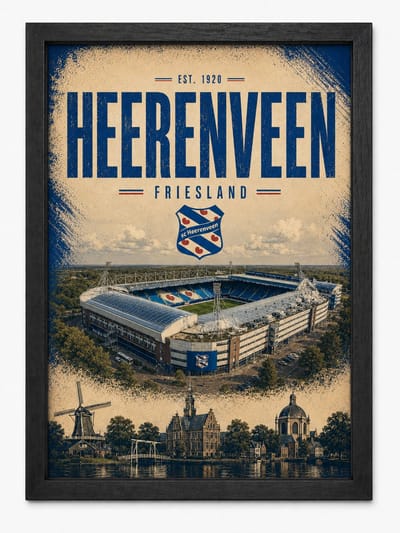 SC Heerenveen Poster | Abe Lenstra Stadion Vintage Art Print | Retro Voetbal Poster | Inclusief Zwarte A4 Lijst
