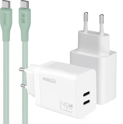 Phreeze usb C snellader 45w met usb C naar usb C kabel groen 1m - Dubbele usb C oplader - Fast charger
