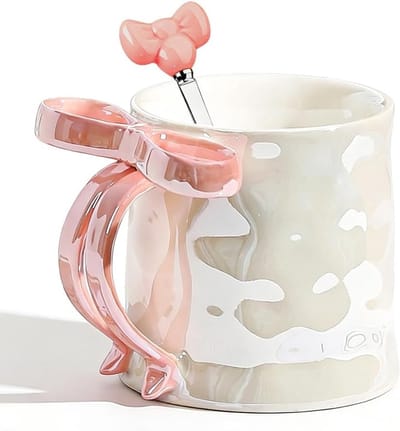 Schattige Roze Keramische Mok met Strik 350ml voor Koffie en Thee, Hoogwaardige Porseleinen Koffiemok met Handvat voor Thuis en Kantoor