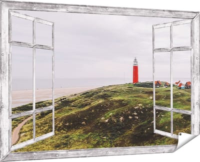 Gards Tuinposter Doorkijk Vuurtoren Texel - 180x120 cm - Tuindoek - Tuindecoratie - Wanddecoratie buiten - Tuinschilderij