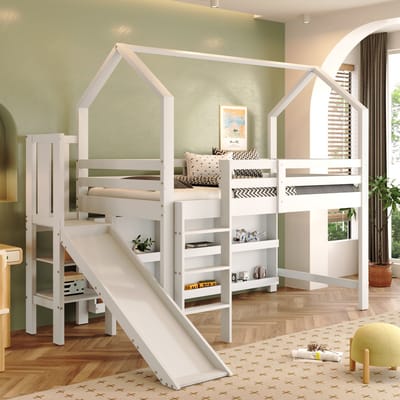 DESMIU Kinderbed 90x200 cm – Multifunctioneel Bed Met Glijbaan, Trappen, Opbergkast En Rek – Voor Kinderkamer – Massief Hout En MDF – Wit – Zonder Matras