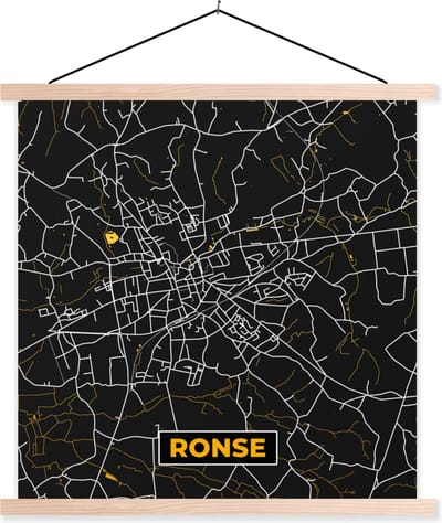 Posterhanger incl. Poster 40x40 cm - Schoolplaat - Goud - Ronse - Plattegrond - Stadskaart - Kaart - Textielposter - Blanke latten - Stadskaart