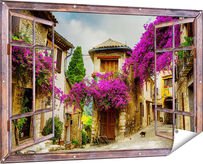 Gards Tuinposter Doorkijk Frans Dorpje - 150x100 cm - Tuindoek - Tuindecoratie - Wanddecoratie buiten - Tuinschilderij