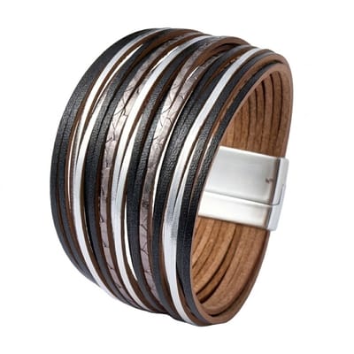 Zwart bruine PU leren armband voor dames – brede wikkel armband met zilverkleurige accenten en magnetische sluiting