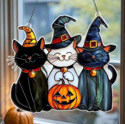 Hangend ornament acryl Halloween katten 15x14 cm
