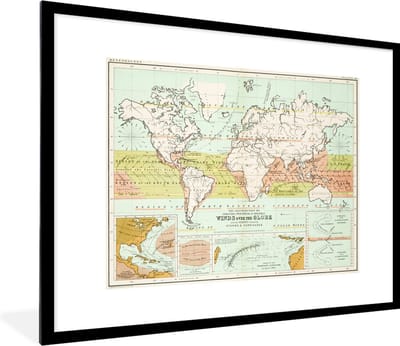 Poster in lijst - Fotolijst 80x60 cm - Posters - Oude meteorologische wereldkaart - Posterlijst zwart - Decoratie - Wanddecoratie woonkamer - Muurdecoratie slaapkamer