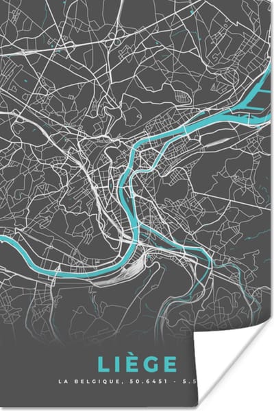 Poster Kaart – Plattegrond – Stadskaart – Liège – België - Grijs - 120x180 cm XXL
