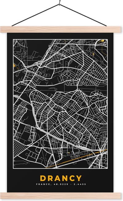 Posterhanger incl. Poster 40x60 cm - Schoolplaat - Stadskaart – Drancy - Plattegrond – Kaart – Frankrijk - Textielposter - Blanke latten - Stadskaart