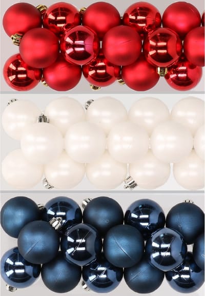 32x stuks kunststof kerstballen mix van rood, wit en blauw 4 cm - Kerstversiering