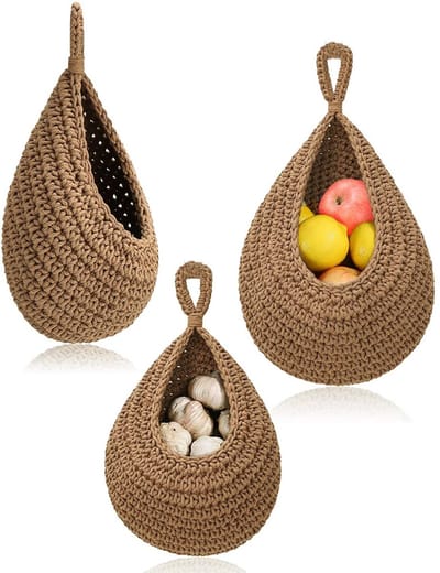 longziming - Hangmand - Hangende Fruitmand - Wandmand - Opbergmand - Set van 3 - Natuurlijk katoen - Ademend ontwerp - Handgevlochten