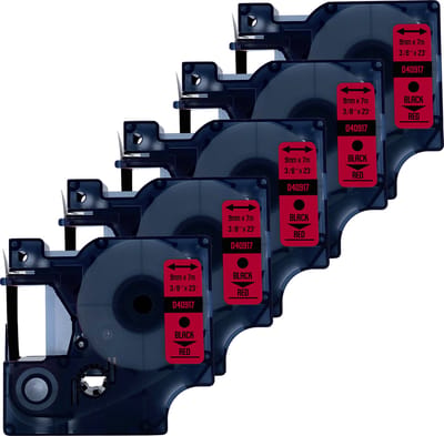 DULA Dymo D1 40917 - S0720720 -Compatible label tape - 5 lettertapes - Zwart op rood - 9mm x 7m