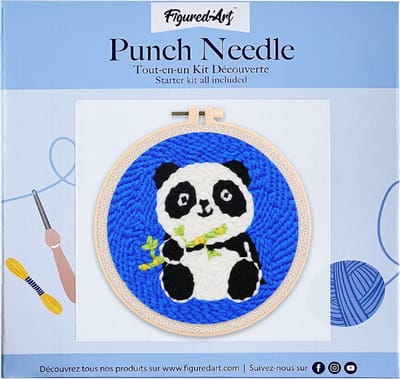 Figured'Art Punch Needle Kit voor Volwassenen en Kinderen - Baby Panda - Perfect voor Beginners. Compleet klaar-om-te-borduren set, maat 20x20 cm met ronde frame