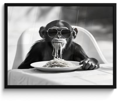 Fotolijst incl. Poster Zwart Wit- Aap - Spaghetti - Zonnebril - Zwart wit - Cool - Dier - 70x50 cm - Posterlijst