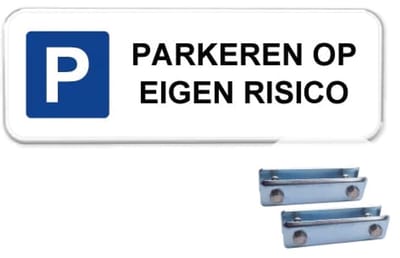 Parkeren op eigen risico bord - Weerbestendig Aluminium - 40x15 cm - Bevestiging: Met hekbeugels (voor spijlen- of gaashek)