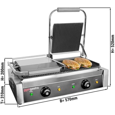 GGM Gastro Kontaktgrill / Hamburger Grill - 4,4 kW - oben & unten Gerillt - Grillfläche: 475x230mm Zilver