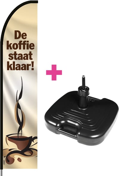 Beachflag - De Koffie Staat Klaar - Vlag + Parasolvoet + Rotator + Hengelsysteem + Draagtas - Actievlag.nl