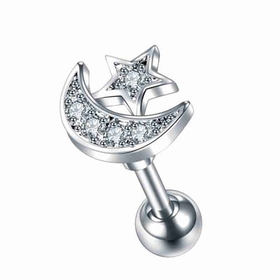 WeLoveSilver - zilverkleurige oorpiercing - maan en ster - kristallen
