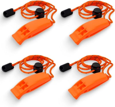 Set van 4 noodfluitjes - Signaalfluitje - Vaardigheidsfluitje - Reddingsfluitje voor buiten - Dubbelloops fluitje - 120 decibel - Geschikt voor wandelen, kamperen, zwemmen, sporten, nooduitrusting en hondentraining.
