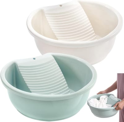 SOUJOY 2 Pack Hand Wash Basin Clothes, Plastic Non Slip Sink with Integrated Washboard, Small Delicate Items, Laundry for Home and Outdoor