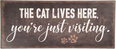Clayre & Eef Tekstbord 13x30 cm Zwart Metaal Rechthoek The Cat Lives Here Wandbord Spreuk Wandplaat