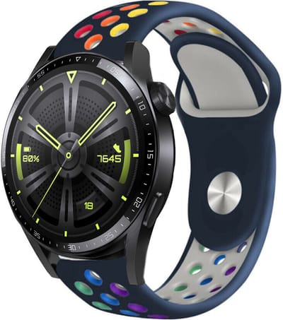 Strap-it Siliconen sport bandje - geschikt voor Huawei Watch GT / GT 2 / GT 3 (Pro) - 46mm / GT 4 46mm / GT 5 (Pro) - 46mm / GT 4 46mm / GT 2 Pro / GT Runner / Watch 3 (Pro) / Watch 4 (Pro) / Watch Ultimate - donkerblauw/kleurrijk