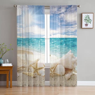 Strand Lucht Wolken Kokospalmen Zee Landschap Gordijnen Tule Voor Woonkamer Slaapkamer Keuken Chiffon Transparant Raamdecoratie 1 PCS W100XH250cm&Grommet Top white