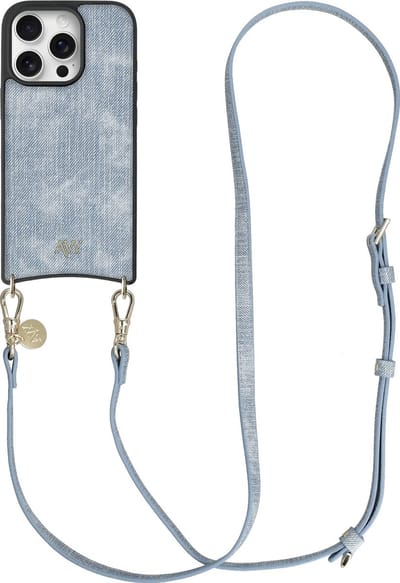 AVY Hoesje Geschikt voor Apple iPhone 16 Pro Max | Compatibel met MagSafe | Kunstleren Case met Telefoonkoord | Crossbody | Denim | Long Denim