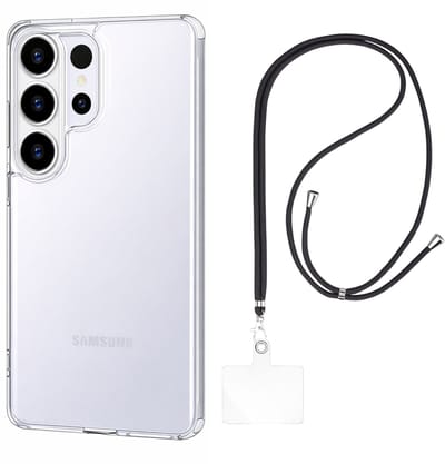 Set met hoesje en nekband voor Samsung Galaxy a17 5g - Flexibele, transparante TPU-bescherming, verstelbare universele nekband voor mobiele telefoons, zwarte nekband, transparante draagriem van Phonillico®