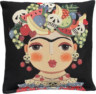 Kussenhoes - Luxe Gobelinstof - Frida Kahlo - Zwart - fruit en doodshoofd in haarband - 45 x 45 cm