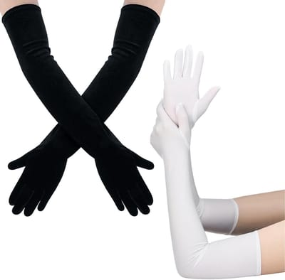 Elegante Lange Satijnen Vingerhandschoenen voor Dames, Zwart/Wit, Ideaal voor Bruiloften, Opera en Halloween
