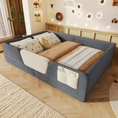 MODENUIT Gestoffeerd Kinderbed 140x190 cm – Zonder matras – Afneembare Zijhekken – Opbergtas – Fluwelen Bekleding – Grijs