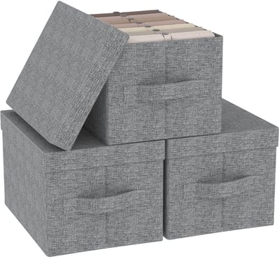 containermand met deksel, linnen stoffen opbergdozen, kubusbakken voor het organiseren van huis, kantoor en kast, grijs, 3 stuks, 42 x 30 x 26 cm