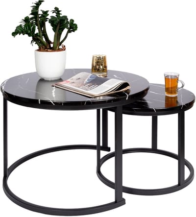 Casamoda Salontafel set van 2 - ø 70/50 cm - Hoogte 45/38 cm - Bijzettafel Rond - Salon tafel Industrieel - Tafelblad Hout - Zwart Marmer