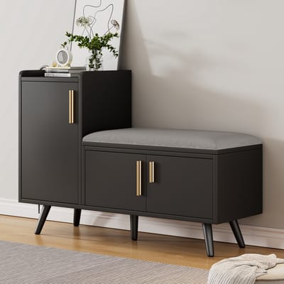 MODENUIT Schoenenkast Bank - Met Zitkussen En 3 Deuren - Voor Hal En Entree - Spaanplaat Zwart - 100x34x68,5 Cm