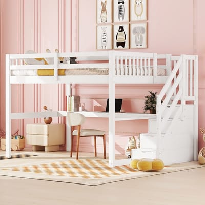 Kinderbed 140x200 cm - Massief grenenhout - Wit - Met opberglades - Met bureau - Milieuvriendelijk - Efficiënte opbergruimte - Praktisch werkruimte - Elegant ontwerp