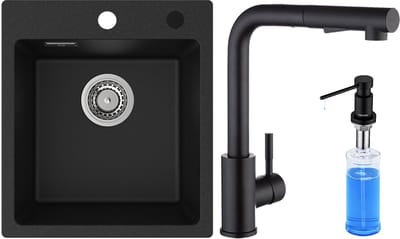 CECIPA max Spoelbak Keuken 40x45cm - Graniet Spoelbak Met Keukenkraan en Zeepdispenser 300ML - Enkele Spoelbak - Spoelbakken Keuken Opbouw - 80% Kwarts Zand Keuken Spoelbak - Zwart