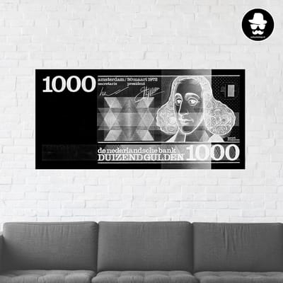 Schilderij Woonkamer - Schilderij 1000 gulden biljet op Metaal - 100 x 47 cm - PosterGuru