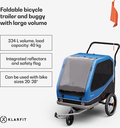 Klarfit Aanhanger voor 2 huisdieren met 324 l volume, Hybride buggy met solide stalen framconstructie, geïntegreerde reflectoren & remmen - ruime honden-fietsaanhanger