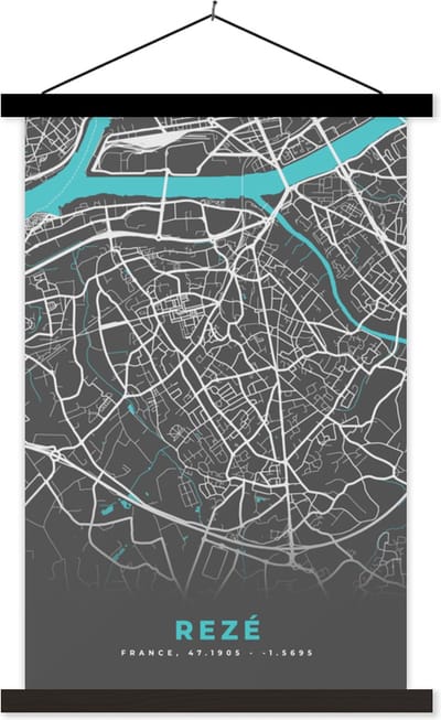 Posterhanger incl. Poster 40x60 cm - Schoolplaat - Rezé - Frankrijk - Stadskaart - Kaart - Plattegrond - Textielposter - Zwarte latten - Stadskaart