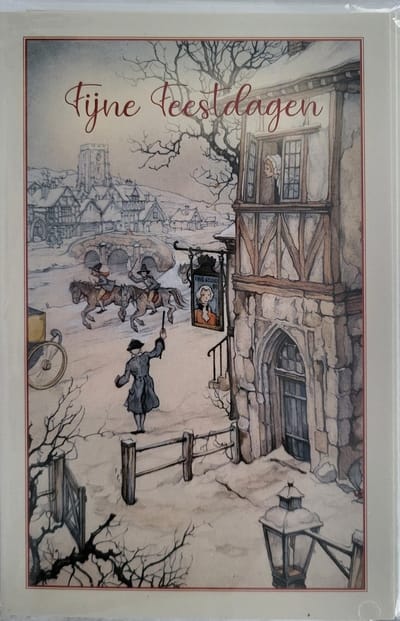 8 Dubbele Kerstkaarten met enveloppen 10 x 15 cm Anton Pieck - besneeuw straatbeeld