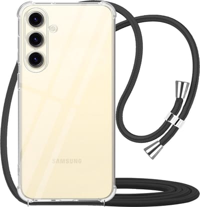 Hoesje met Koord geschikt voor Samsung A55 Transparant - Doorzichtig Zwart Shockproof Koord hoesje geschikt voor Samsung A55 - Hoesje met touw - Zwart touw