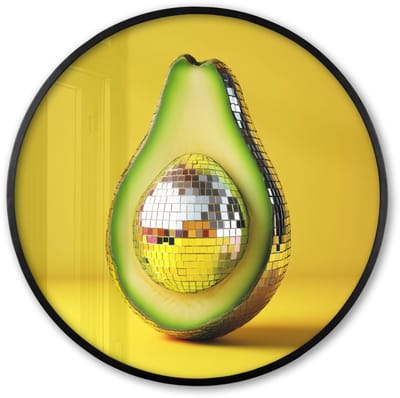 Poster in lijst Rond - Fotolijst 60x60 cm - Posters - Avocado - Discobal - Geel - Glitter - Ronde posterlijst zwart - Decoratie - Wanddecoratie woonkamer - Muurdecoratie slaapkamer