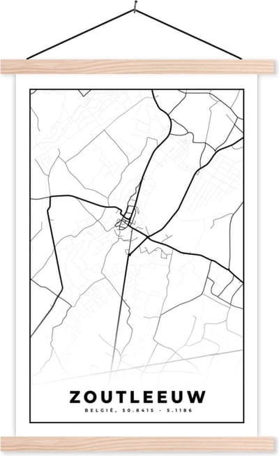 Posterhanger incl. Poster 40x60 cm - Schoolplaat - Zwart Wit – België – Plattegrond – Stadskaart – Kaart – Zoutleeuw - Textielposter - Blanke latten - Stadskaart