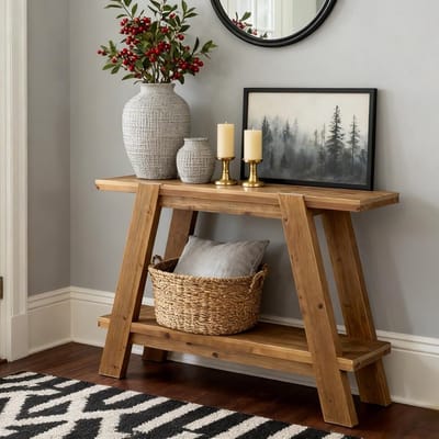 Massief Hout Console Tafel Little Tree - 110cm Landelijk - 2-Laags Opbergruimte - Smalle Sidetable voor Hal, Gang & Woonkamer - Bruin